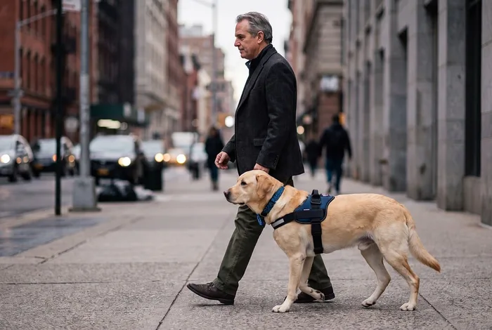 Rehber köpekle yürüyen adam