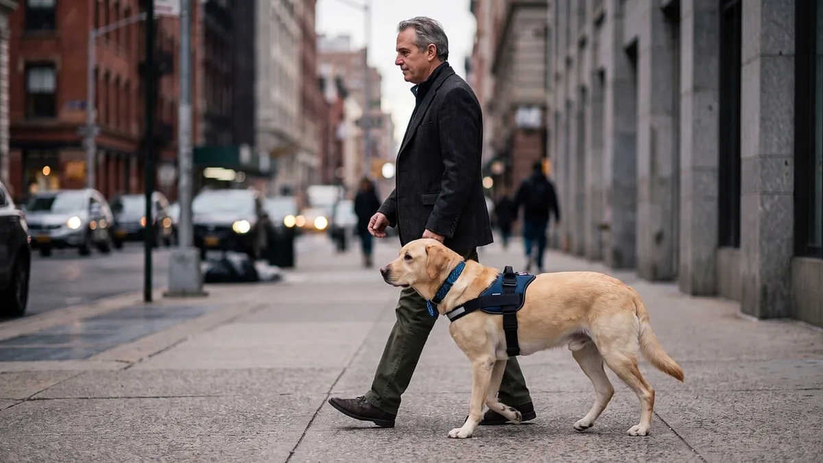 Rehber köpekle yürüyen adam